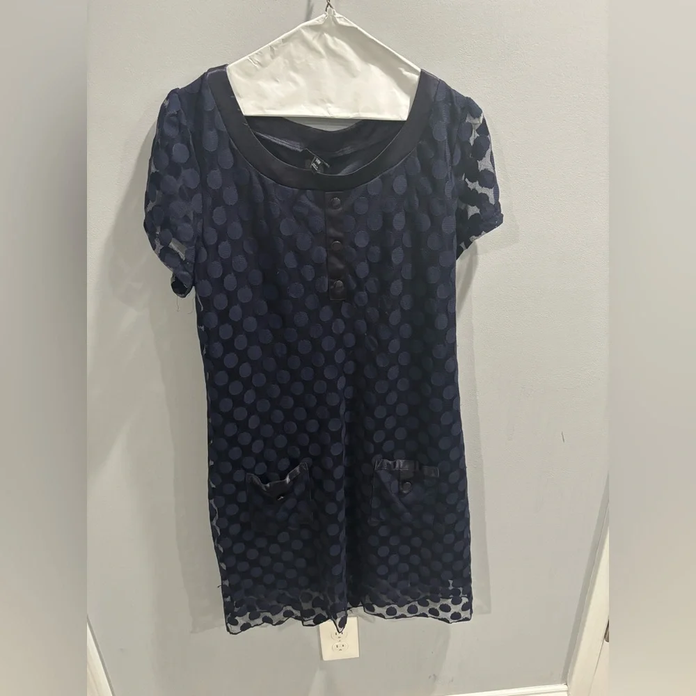 En Focus Navy Blue Polka Dot Women's A-Line Dress-size large - Picture 2 of 7